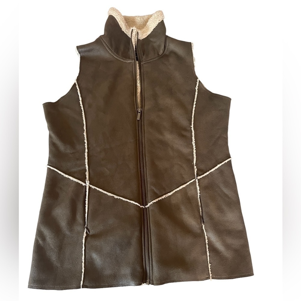 WOOLY Bully Sherpa Lined Faux Suede Vest Olive Green Medium - Picture 2 of 10